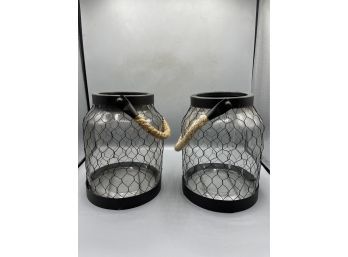 Glass Metal Frame Bucket Decor With Rope Handle - 2 Total