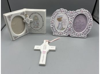 1991/1996 Precious Moments Porcelain Picture Frames With Cross - 3 Pieces Total