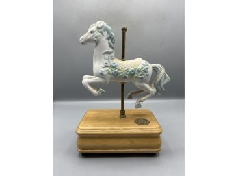 Giftec 1991 Ceramic Hand Painted Carousel Horse Music Box Figurine With Wood Base