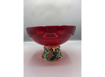 Teleflora Gift Holiday Pattern Footed Red Glass Bowl