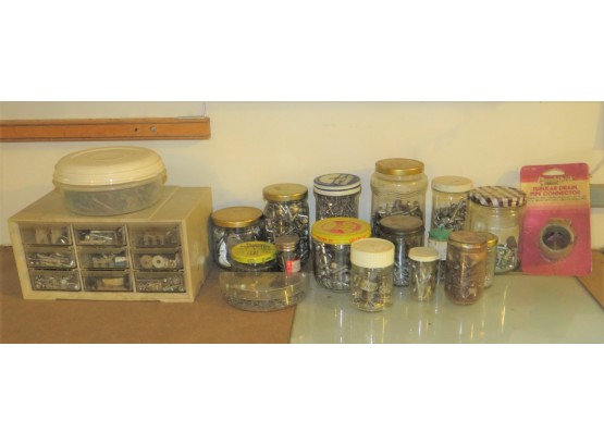 Nails, Screws, Washers And More - Assorted Jars Of Hardware Items