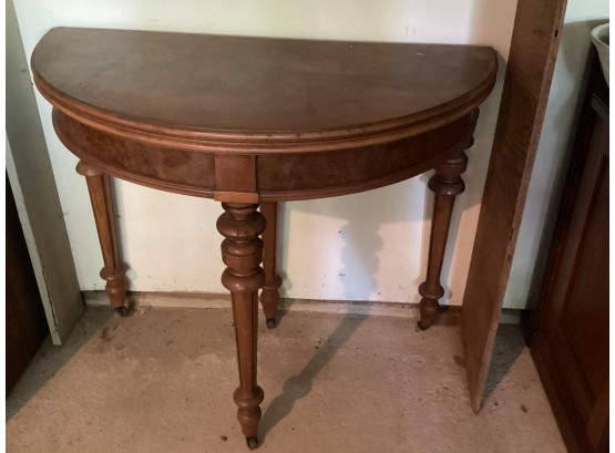 French Walnut Console Half Moon Table  With Caster Wheels