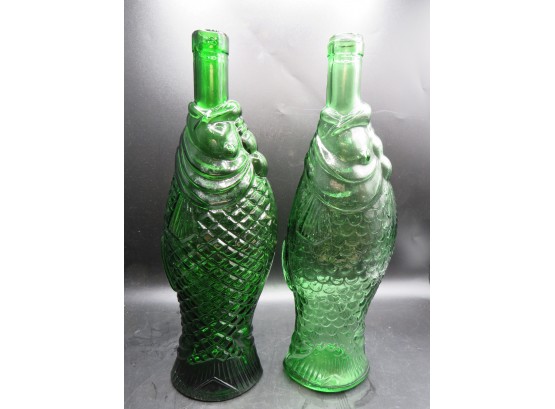 Green Glass Fish-shaped Decanters - Set Of 2