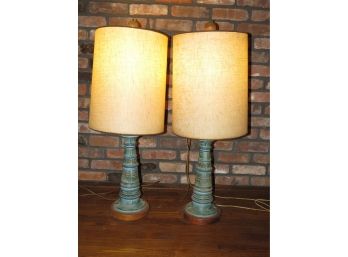 Mid-Century Modern Wood Base Table Lamps - Set Of 2