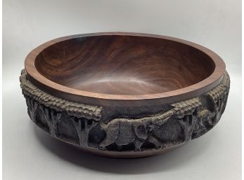 Wood Carved Bowl With Elephant Motif