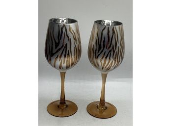 Gold/amber Tone Zebra Print Stemmed Wine Glasses - Set Of 2