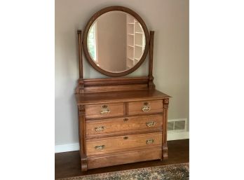 Oak 4 Drawer Dresser With Round Attached Mirror Key Hole With Brass Drawer Pulls