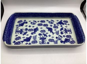 Ceramic Blue/white Rectangular Baking Dish With Fish & Floral Motif