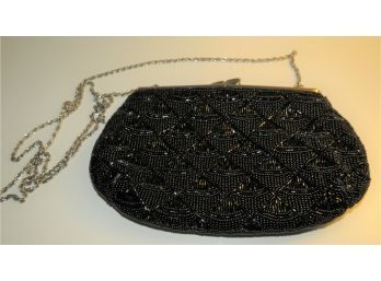 La Regale Black Beaded Evening Handbag With Silver-tone Metal Chain