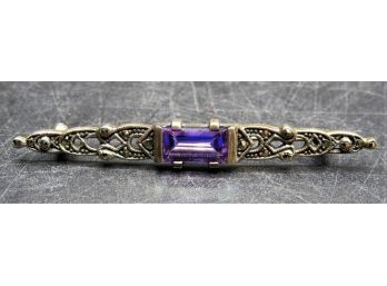 Sterling Silver Marcasite & Amethyst Pin
