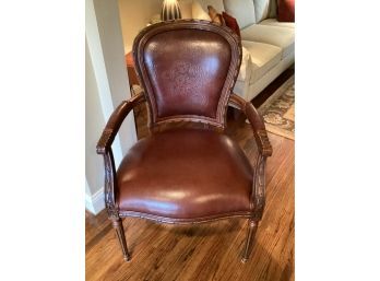 Ethan Allen Leather Upholstered Arm Chair With Embossed Back & Arms