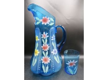 Blue Colored Hand Painted Glass Pitcher & Matching Glass - Set Of 2