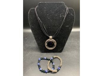 Costume Jewelry Necklace & 2 Beaded Bracelets - Set Of 3