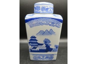 Square Ginger Jar With Lid, Blue/white