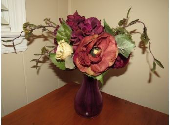 Purple Glass Vase With Artificial Flowers Table Decor