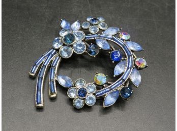 Costume Jewelry Pin With Blue Floral Stones