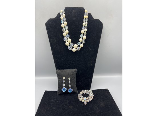 Vintage Elegant Double Strand Crystal / Faux Pearl / Rhinestone Necklace Earrings And Bracelet Set