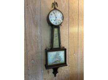 Early 20TH Century Sessions Banjo Clock With Ship Decoration And Brass Eagle Finial