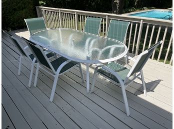 Outdoor Aluminum Frame Glass-top Table With 6 Mesh Back Arm Chairs