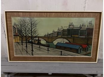 S. Gerard Original Oil On Canvas Mid-Century Modern View Of Paris On The Seine, Bridge  Custom Framed