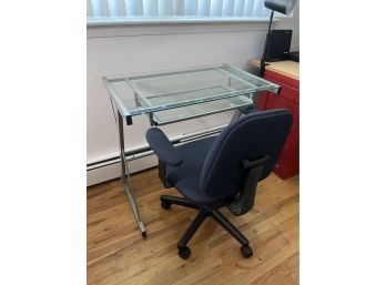 Yvonne Glass Metal Frame Computer Desk Slide Out Keyboard Shelf  With Computer Chair