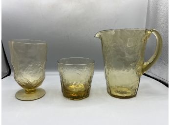Seneca Driftwood Amber Glass Crinkle Pattern Drinking Glass Set With Pitcher - 14 Total