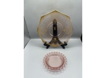 Pink & Amber Depression Glass Plates - 2 Total