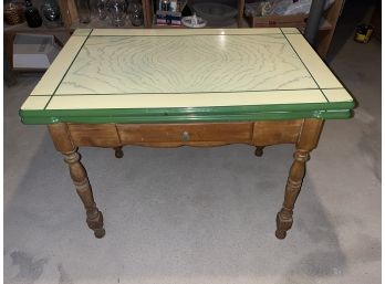 Vintage Enamel / Porcelain Top Table With Pullout Extension Leaves And Drawer