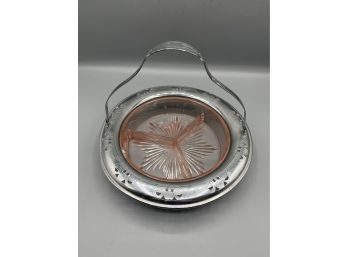 Pink Depression Glass Farberware Brooklyn Silver Plated Art Deco Candy Relish Divided Dish With Handle