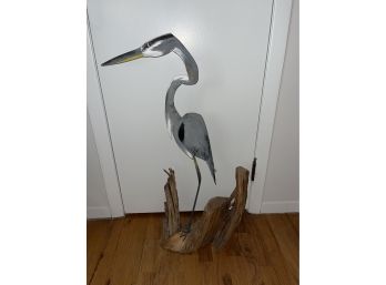 Hand Sculpted Wooden Egret Bird Statue