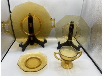 Vintage Amber Depression Glass Tableware Set - 11 Pieces Total