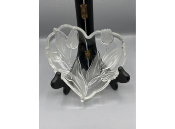 Frosted Glass Floral Pattern Heart Shape Trinket Dish