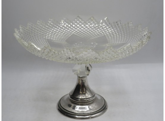 Cut Glass Footed Dish/server With Silver-tone Base