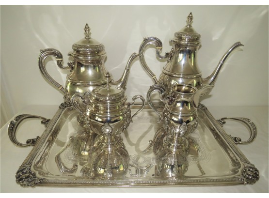 Sterling Silver Coffee Pot, Teapot, Creamer, Sugar Bowl With Lid & Handled Serving Tray
