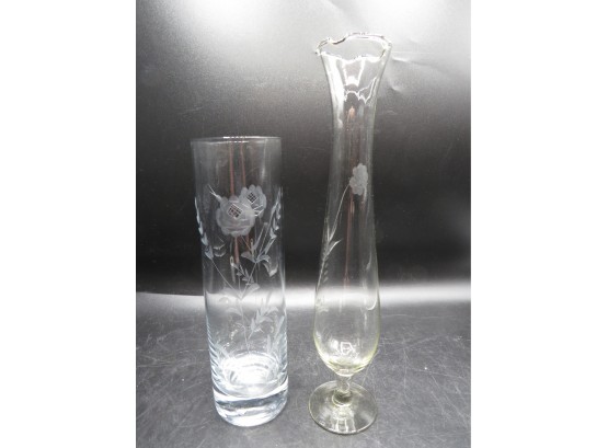 Etched Glass Vases - Set Of 2