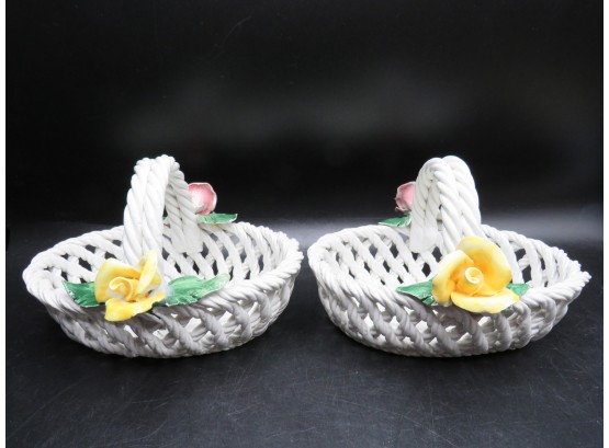 Italian Bassano Oval Porcelain Basket With Yellow And Pink Roses - Set Of 2