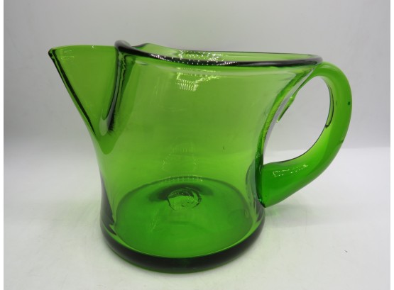 Mid Century Modern Handblown Avocado Green Art Glass Pitcher With Pinched Spout