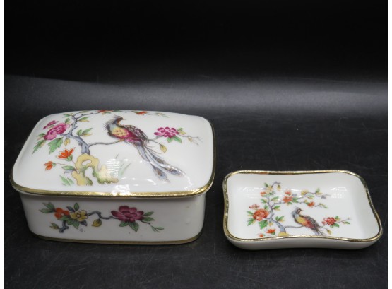 Limoges 'murmac' Peacock & Flowers Porcelain Covered Box And Dish - Set Of 2