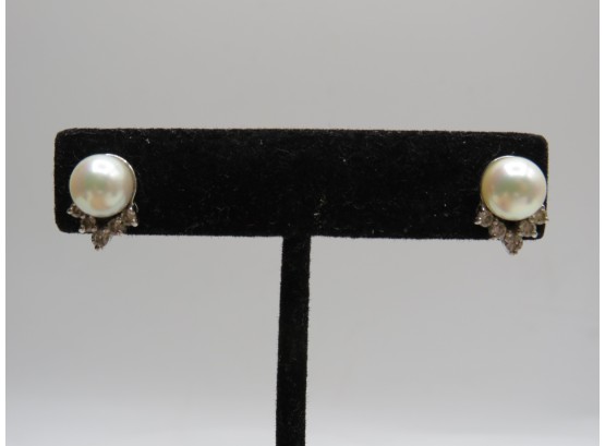 14K White Gold Earrings With Cultured Pearl & Diamonds/4 Grams