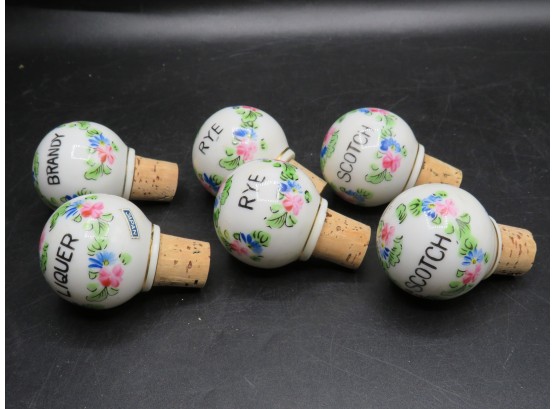 Floral Parisian Liquor Bottle Stoppers / Porcelain French Hand Painted Toppers  - Set Of 6