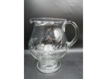 Clear Depression Glass, Etched Flowers Round Hand Blown Footed Pitcher