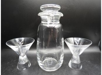 Steuben Crystal Teardrop Martini Glasses & Double Spout Martini Cocktail Decanter Shaker - Set Of 3