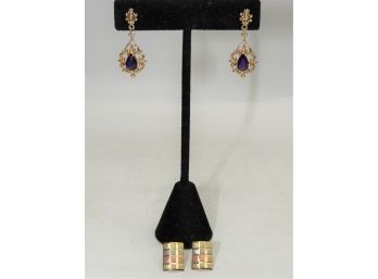 Costume Jewelry Earrings - Purple Stone Hanging Earrings & Tri-color Rectangular Earrings - Assorted Set Of 2