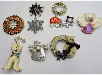 Holiday Costume Jewelry Pins - Assorted Set Of 9