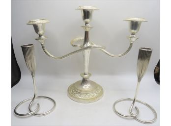 Napier Set Of 2 Silver Plated Candlestick Holders & Mayell EP On Zinc Candlestick Holder (holds 3 Candles)