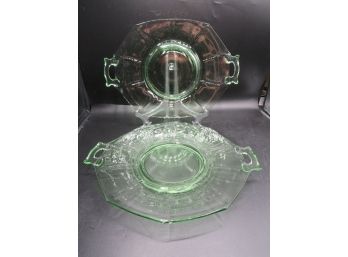 Depression Green Tinted Handled Glass Serving Platter & Plate - Set Of 2