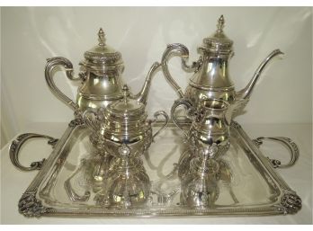 Sterling Silver Coffee Pot, Teapot, Creamer, Sugar Bowl With Lid & Handled Serving Tray