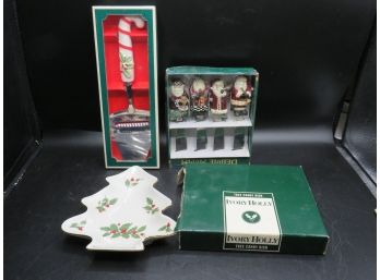 Debbie Mumm Santa Spreaders, Macys The Cellar Ivory Holly Tree Dish &  & Cheese Slicer - Set Of 3