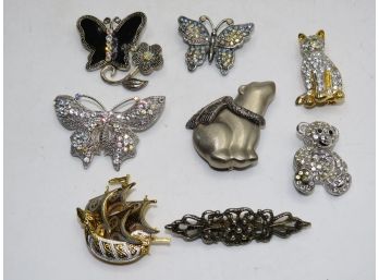 Whimsical Costume Jewelry Pins - Assorted Set Of 8