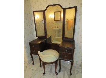 Mirrored  Vanity With Glass Knobs & 4 Drawers & Cushioned Swivel Vanity Chair Dovetail Drawers